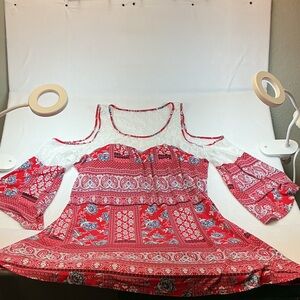 No Comment Ny La Chic Red and White Patterned Midi Dress size XL 0623